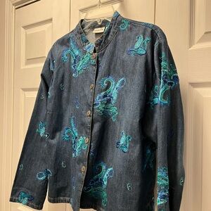 Chico's Dark Denim Jacket with Teal & Blue Embroidery